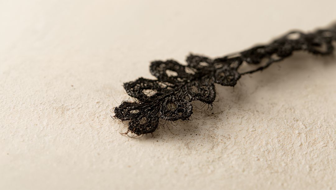 Lying Frayed Black Floral Lace Trim on Textured Beige Surface Closeup with Copy Space