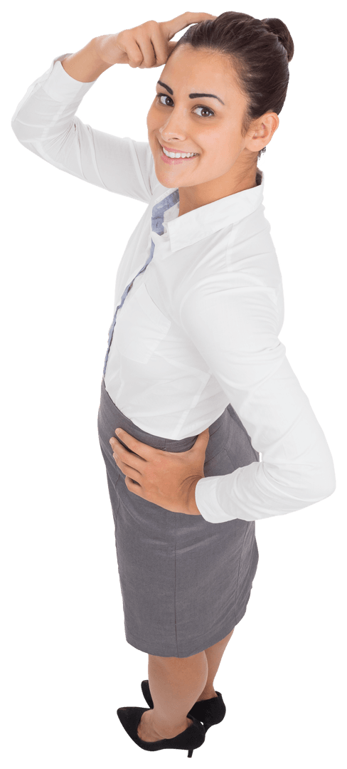 Businesswoman Smiling and Scratching Head on Transparent Background