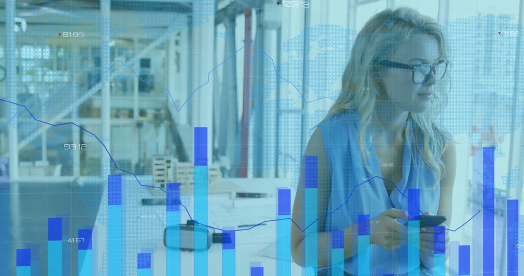 Businesswoman Analyzing Financial Data with Digital Overlay in Modern Office