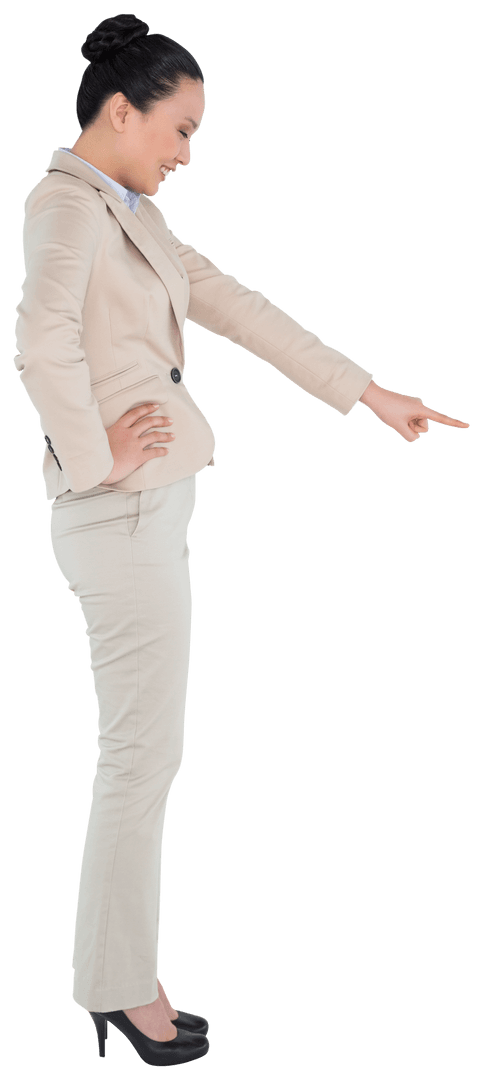 Asian Businesswoman Pointing on Transparent Background in Formal Attire