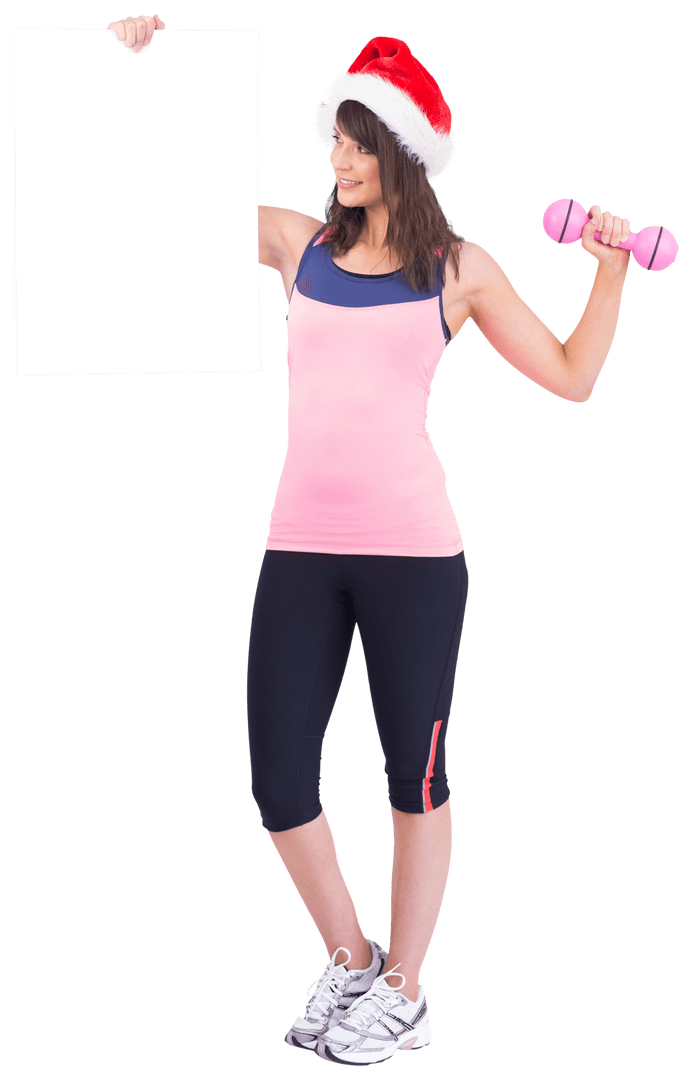 Festive Fit Woman Holding Transparent Poster with Dumbbell