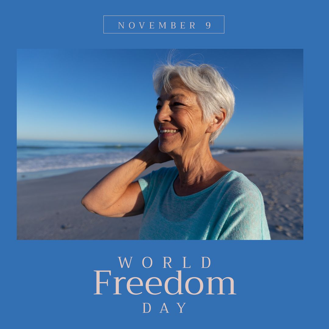 Image of world freedom day over happy senior biracial woman on beach - Download Free Stock Templates Pikwizard.com