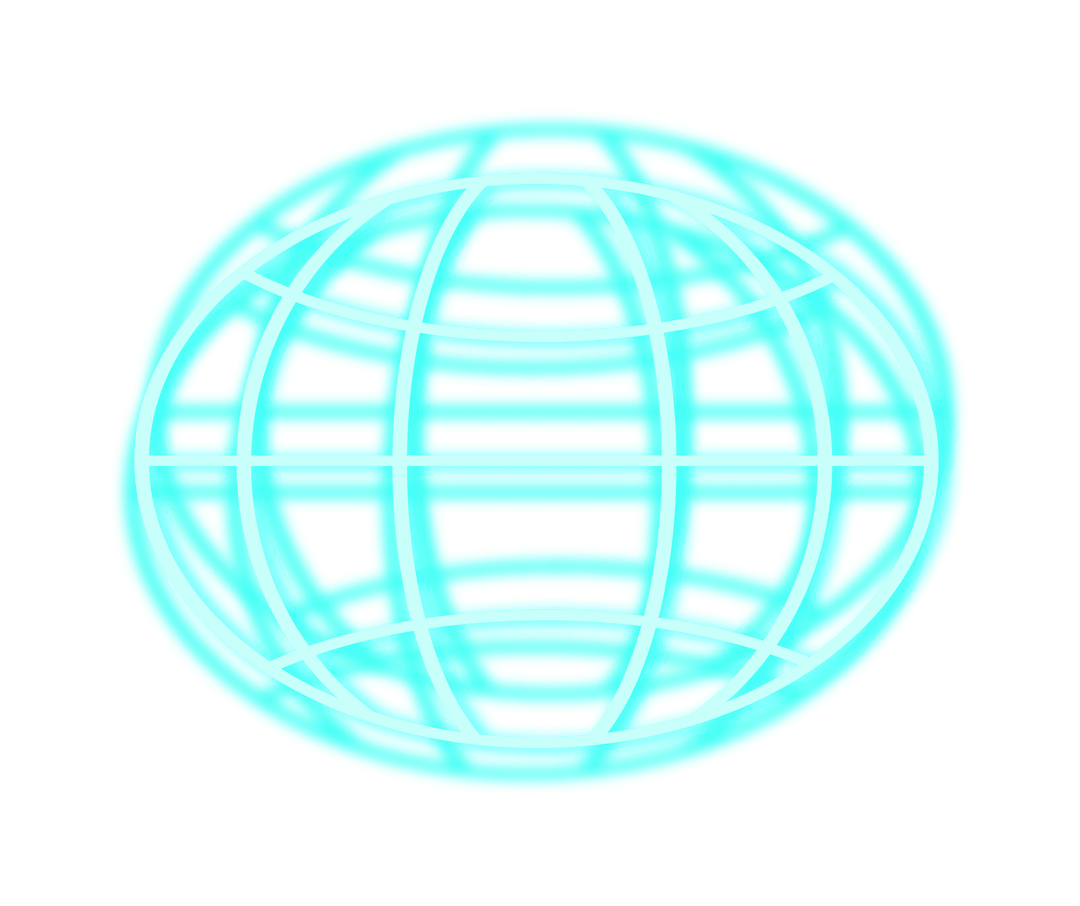 Glowing Wireframe Globe with Turquoise Grid Lines on Transparent Background