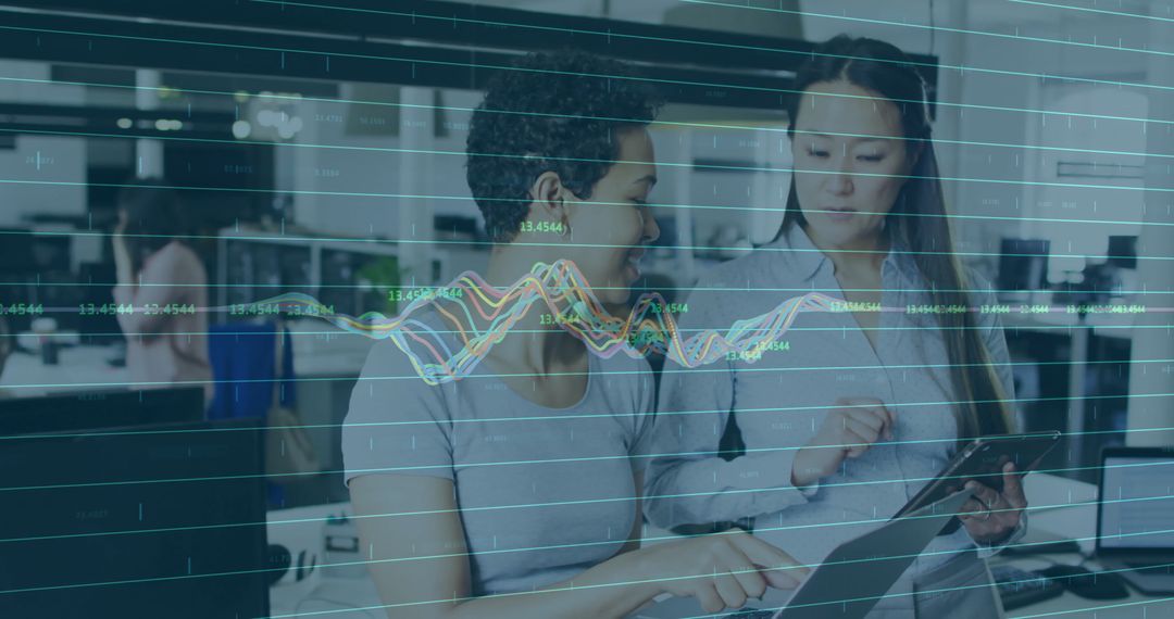 Business Analytics Overlay on Colleagues Discussing in Office