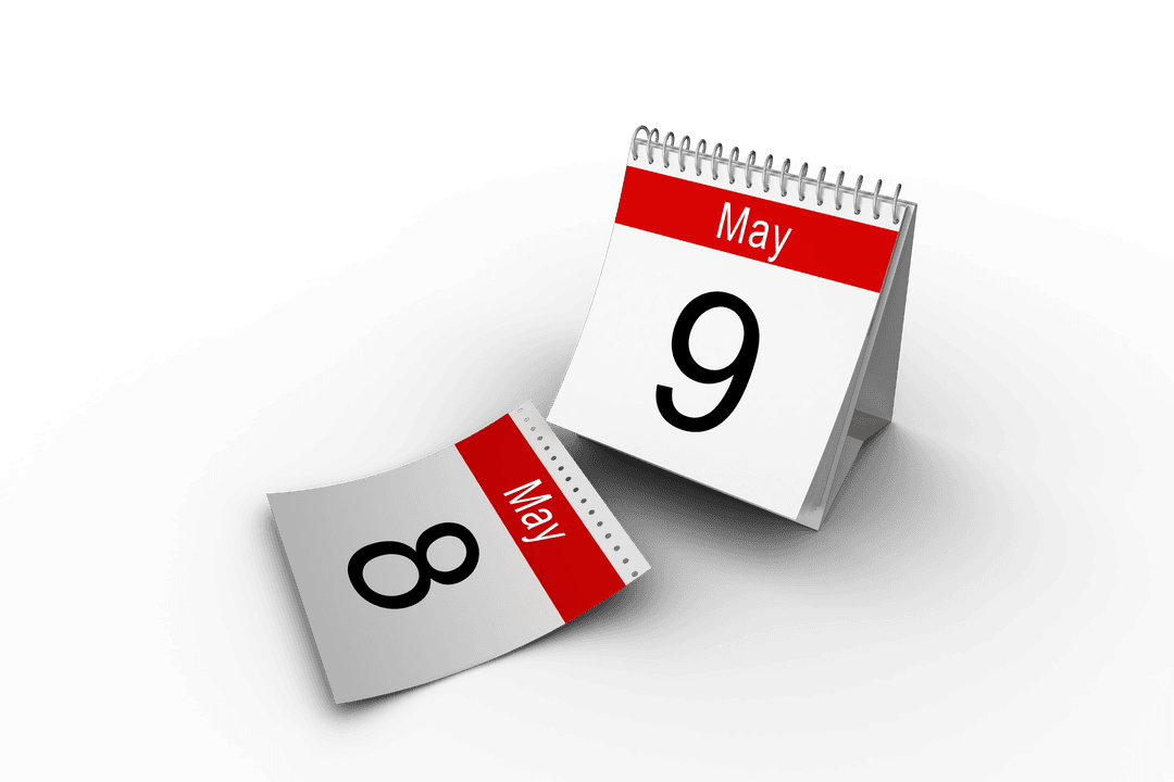 Calendar Page Turning from 8 to 9 May Transparent Background