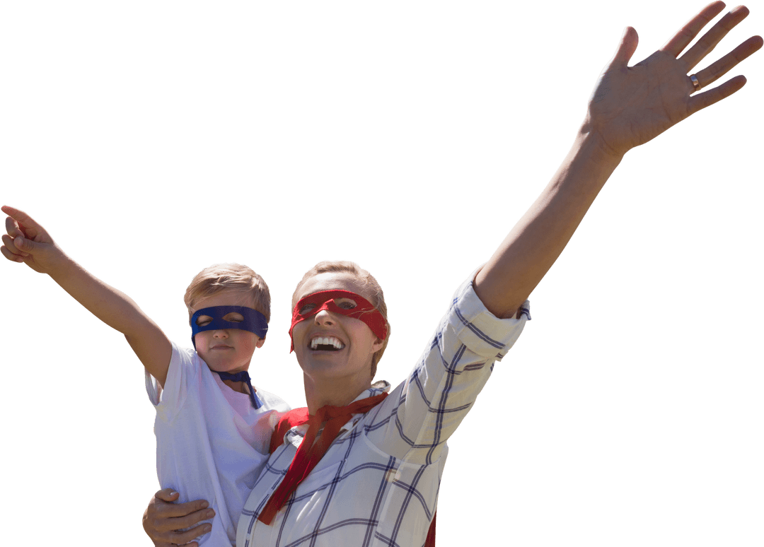 Joyful Mother and Son Pretending to Be Superheroes on Transparent Background