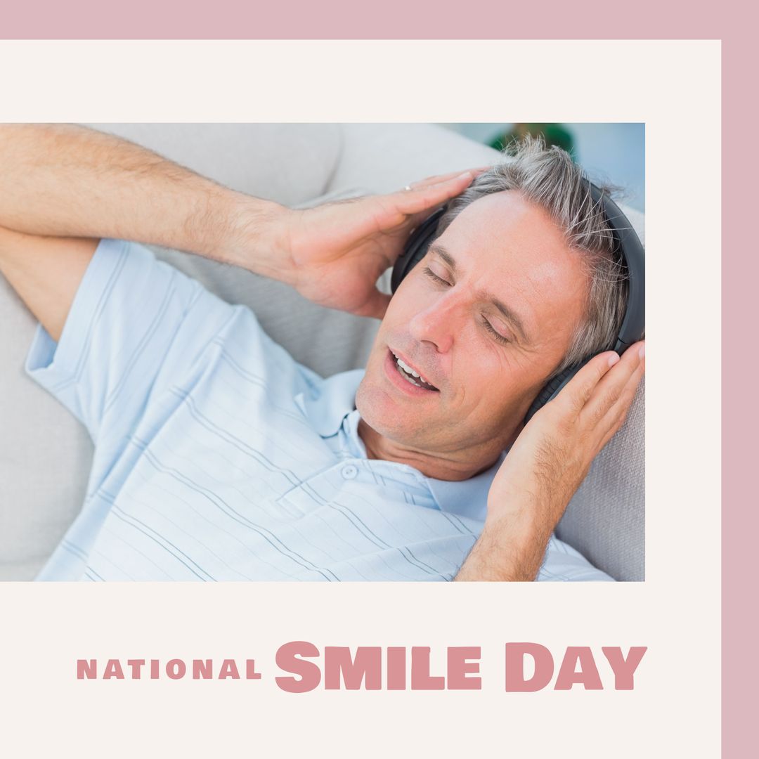 Man Enjoying Music in Relaxed Home Environment Celebrating Smile Day