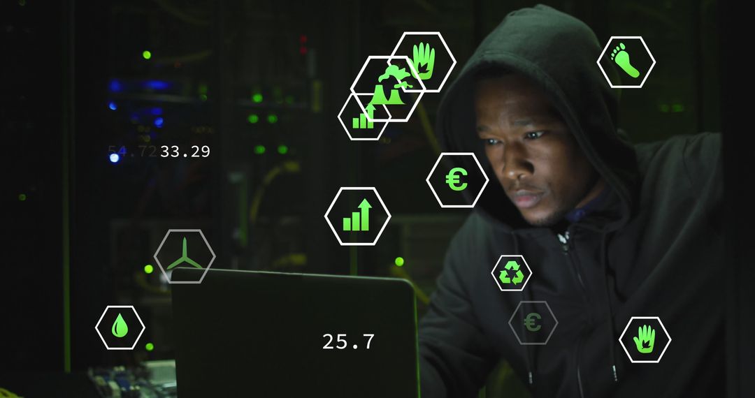 Focused African American Hacker Analyzing Data on Computer Screen