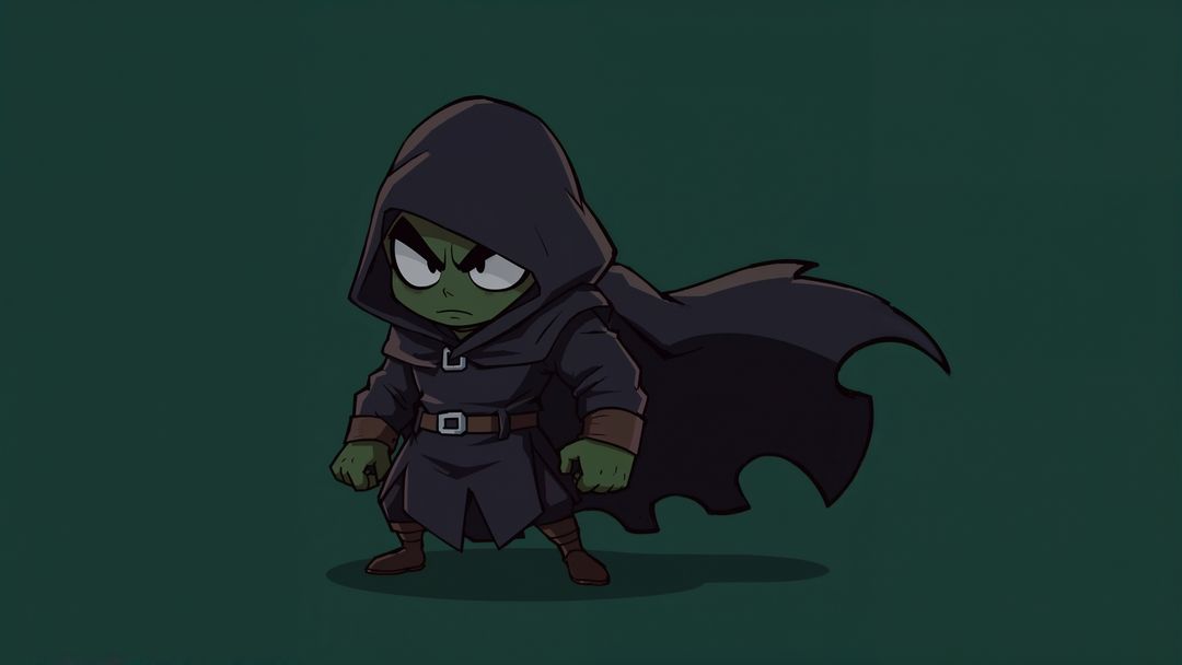 Simplistic goblin assassin character in hood standing firm