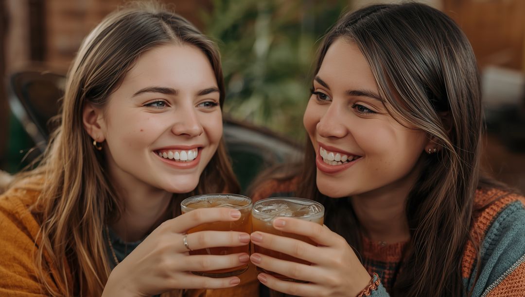 Two Women Socializing in Cafe Over Drinks
