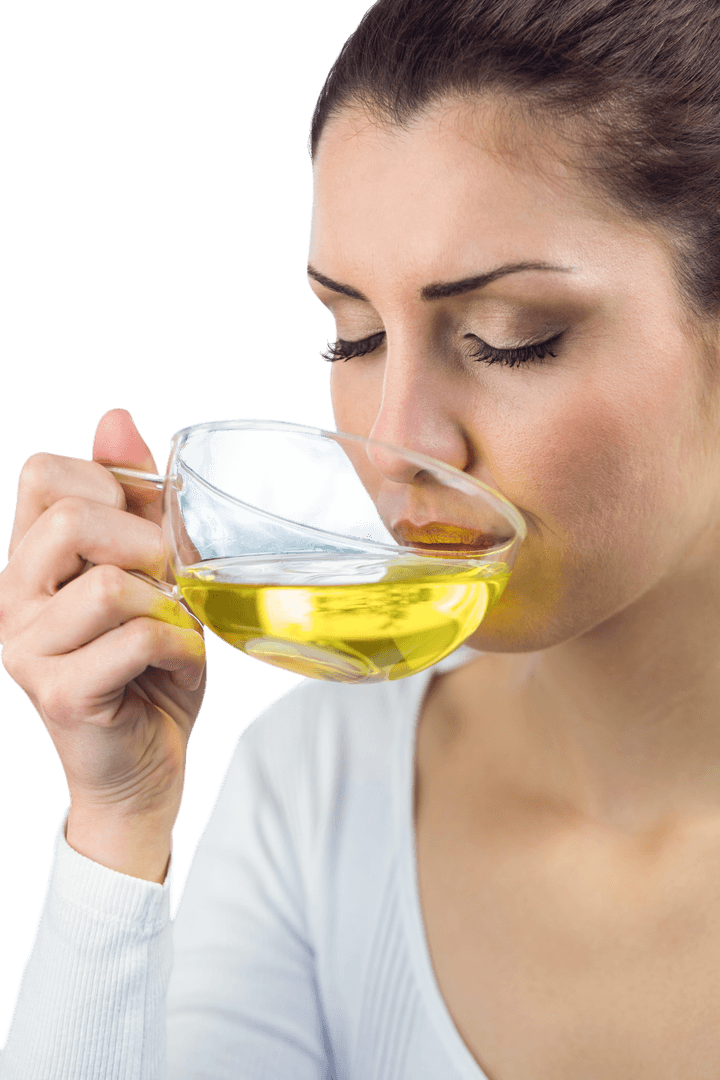 Woman Drinking Herbal Tea with Eyes Closed on Transparent Background