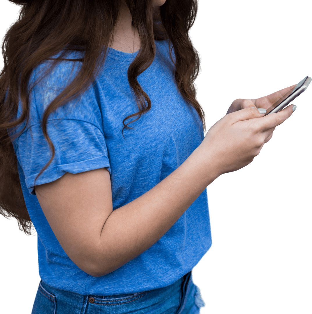Woman Texting in Blue T-Shirt with Smartphone Transparent Background
