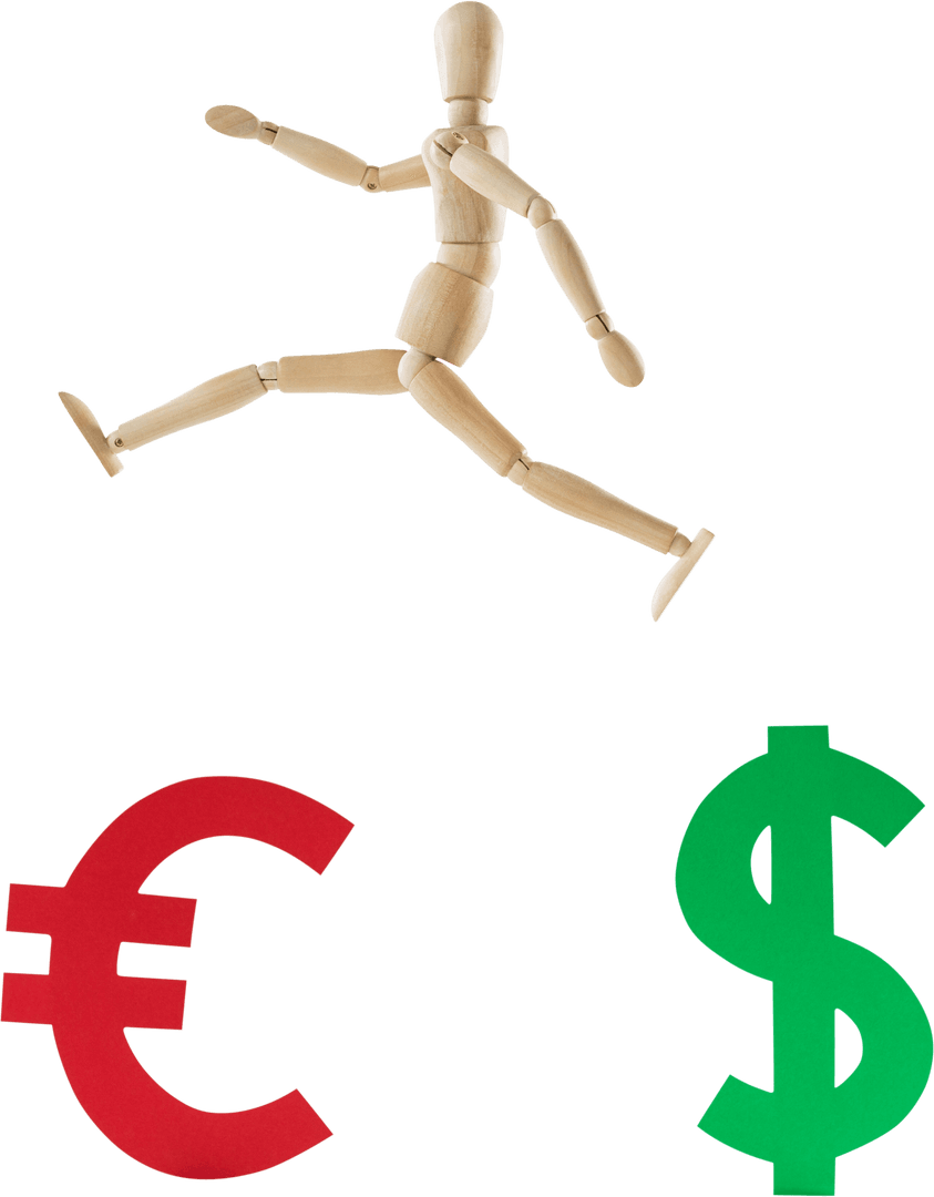 Transparent Wooden Figurine Jumping Over Currency Symbols