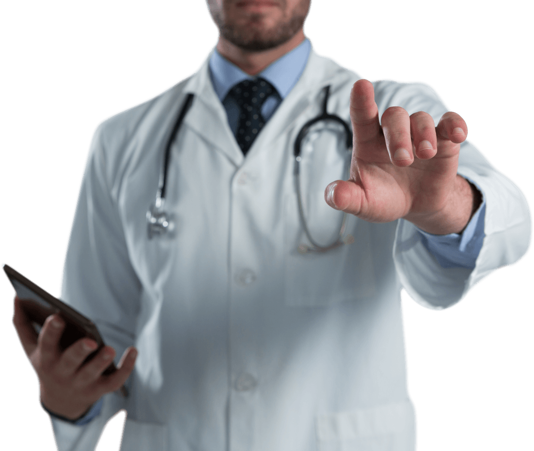 Transparent Display Interaction by Male Doctor in White Coat