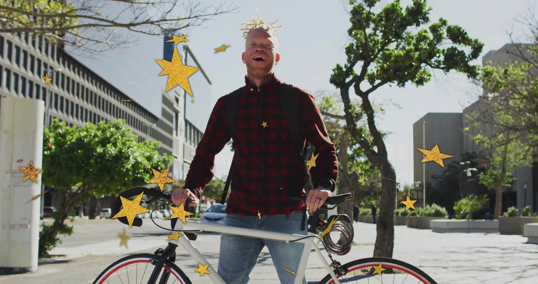 Man Enjoying Sunlit Urban Ride with Bicycle