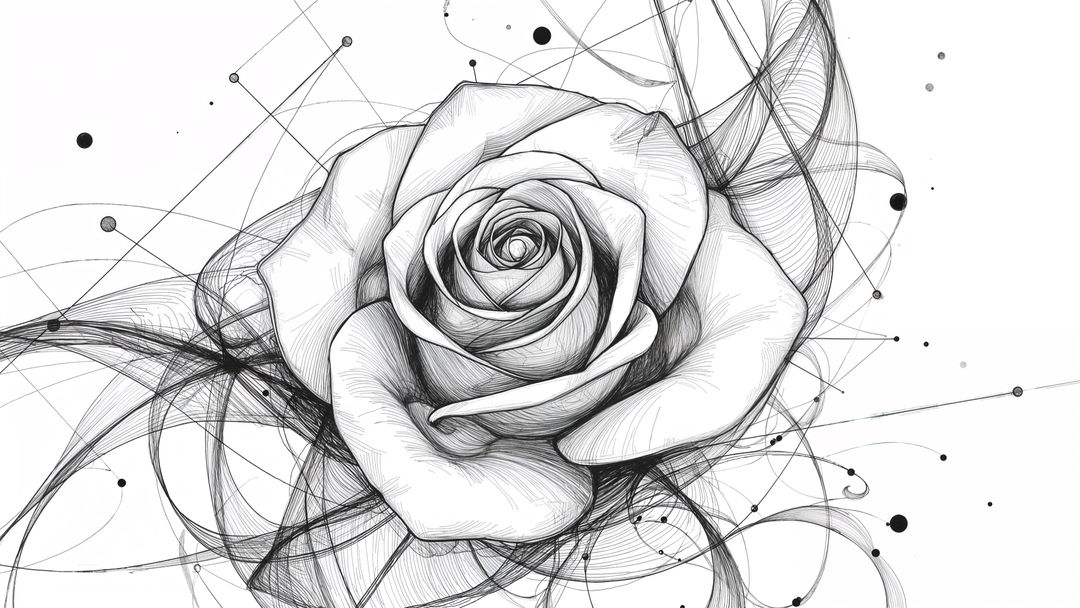 Intricate line-art rose drawing with geometric elements
