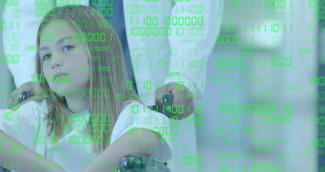 Pediatric patient in wheelchair receiving care with green binary data overlay and healthcare tech