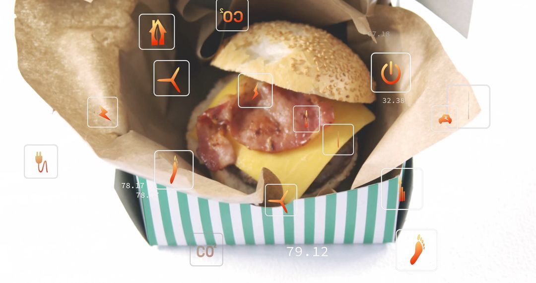 Gourmet Bacon Cheeseburger in Box with Digital Food Tracker Icons