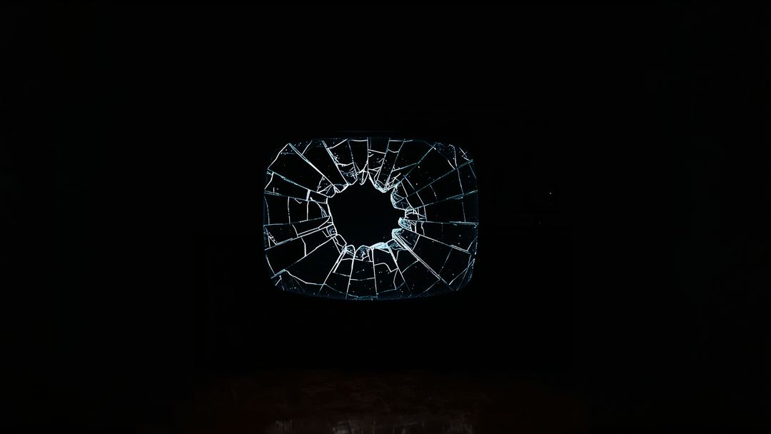 Cracked CRT Screen in Dark Room with Reflective Floor