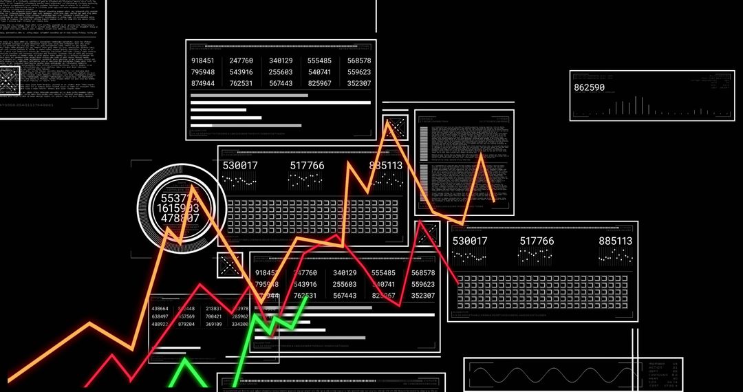 Futuristic Data Visualization with Neon Line Graphs and Digital Interface