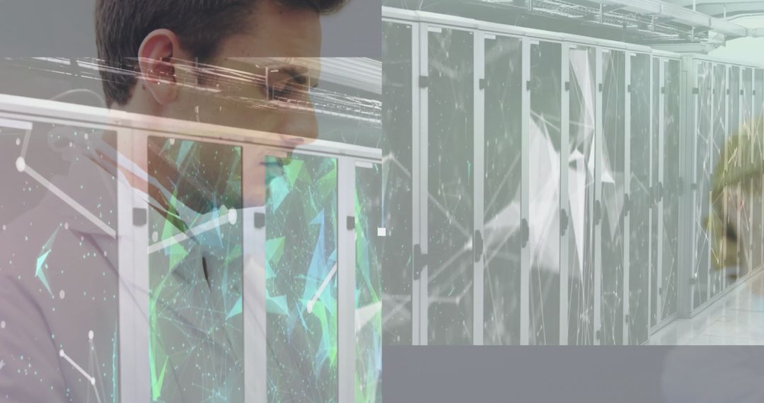 IT Specialist Analyzing Data Center Servers with Network Overlay Graphics