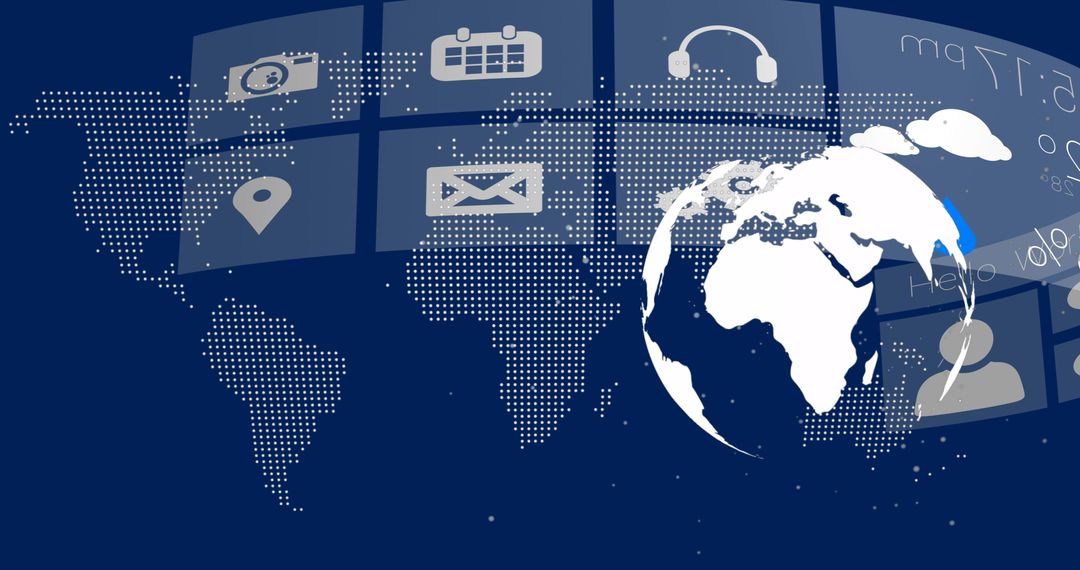 Global Digital Interface with Media Icons on World Map Background
