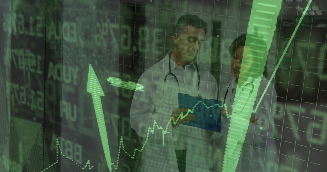 Doctors Analyzing Data with Financial Stock Chart Overlay