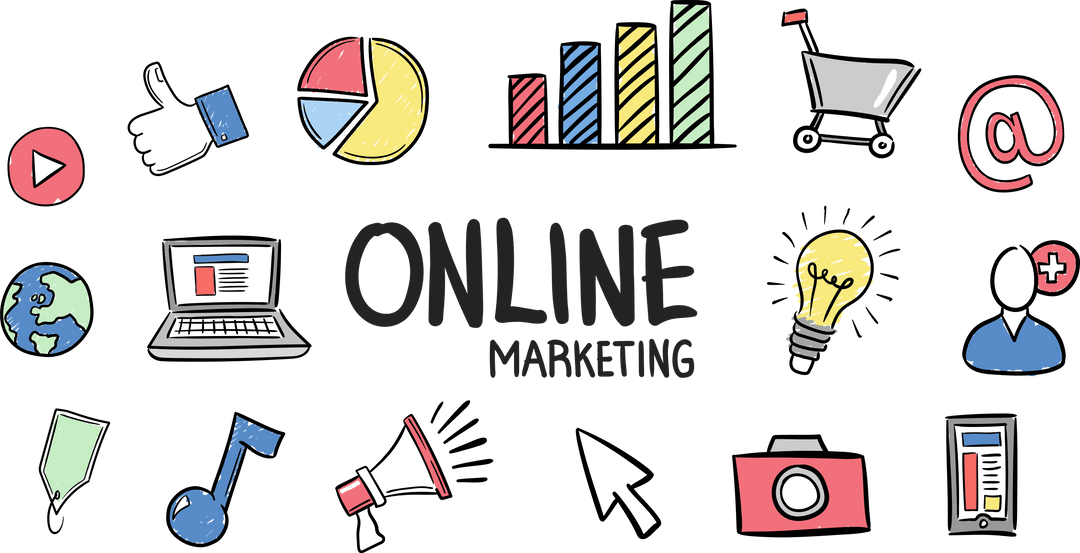 Online Marketing Text with Communication Icons on Transparent Background