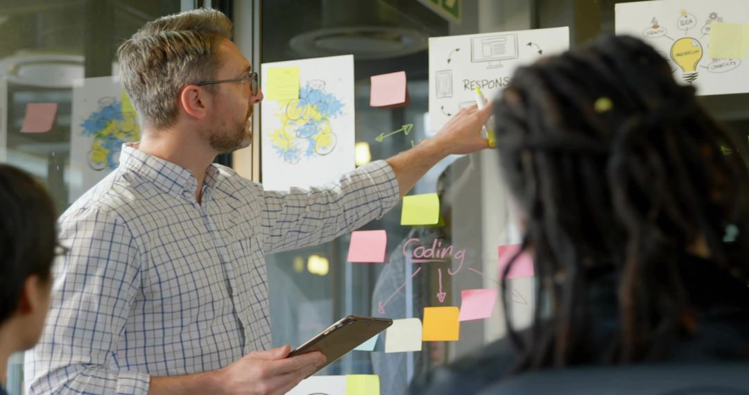 Team leader pointing at glass whiteboard with sticky notes while presenting coding plan