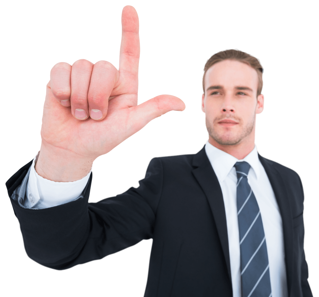 Transparent Businessman Pointing Up Confidently in Suit