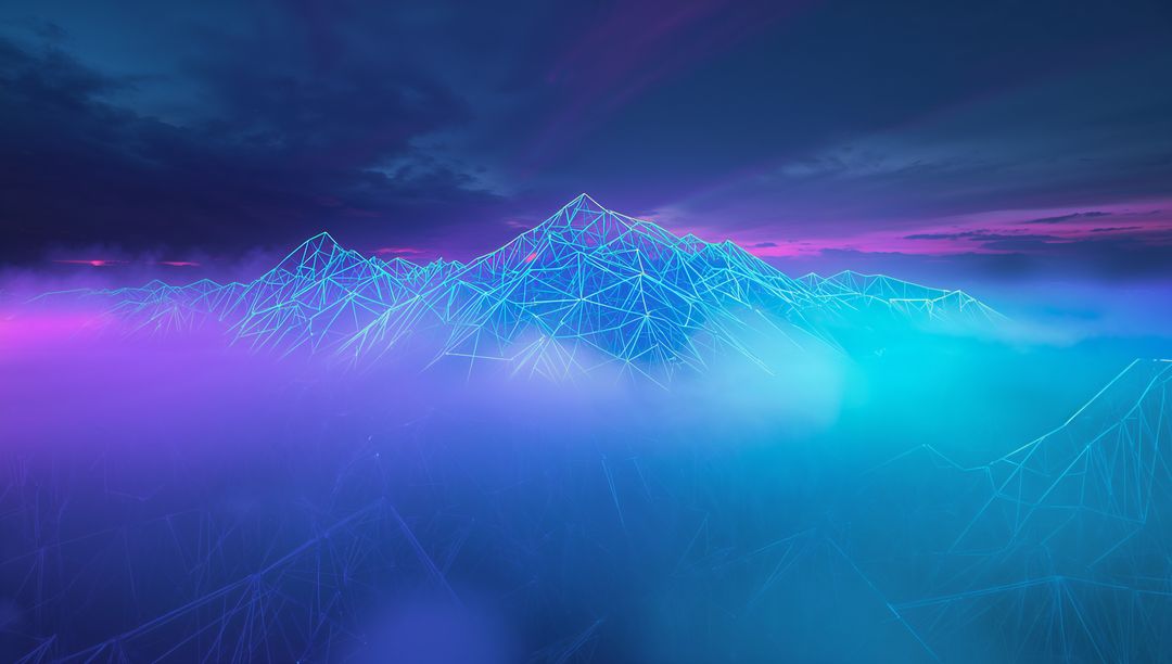 Glowing Wireframe Mountains Rising Through Neon Mist at Twilight Cyber Landscape