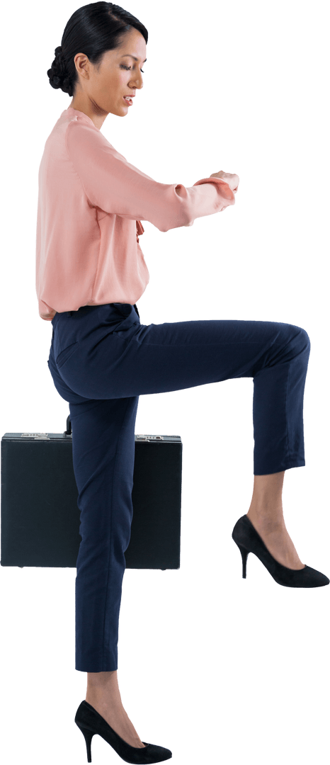 Transparent Businesswoman Balancing While Checking Time with Briefcase