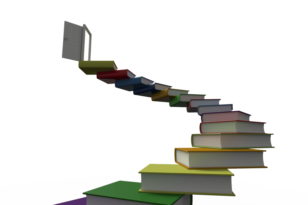 Transparent Staircase of Colorful Books Leading to Open Door