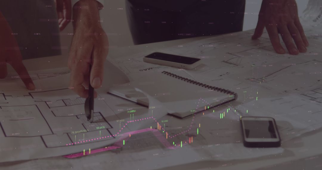 Architects Analyzing Blueprints With Financial Graph Overlay