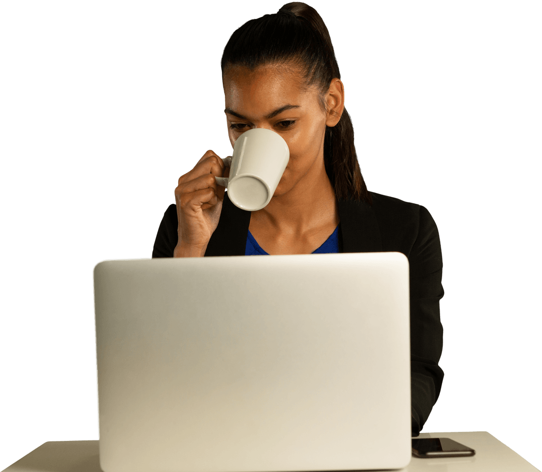 Transparent Businesswoman Drinking Coffee and Using Laptop