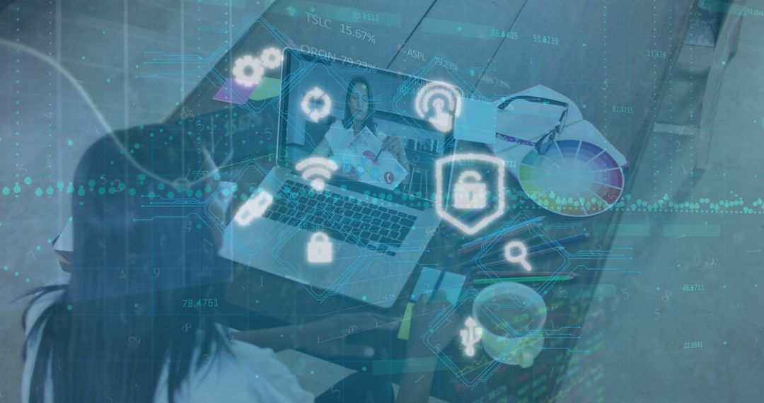 Woman Engaging in Secure Online Communication with Technology Overlay