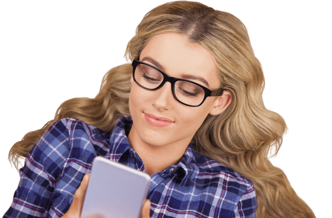 Relaxed Blonde Woman Wearing Glasses Using Smartphone on Transparent Background