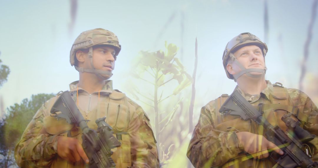 Soldiers on Patrol with Abstract Natural Overlay Symbolizing Peace