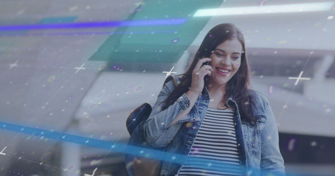 Caucasian Woman Engaged on Smartphone; Digital Data Overlay Shows Connectivity