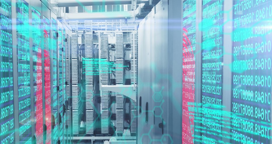 Futuristic Data Server Room with Digital Projection Overlay