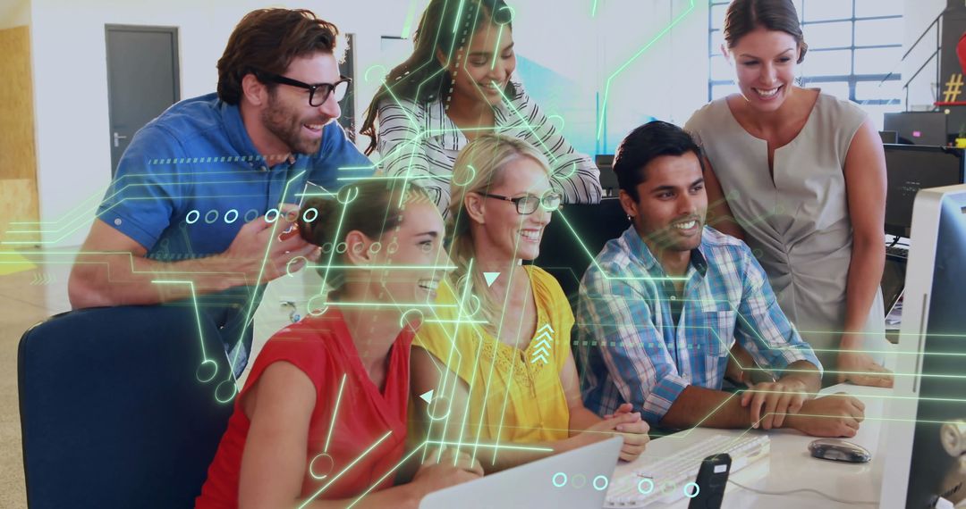 Diverse Team Collaborating on Innovative Tech Project in Office Setting