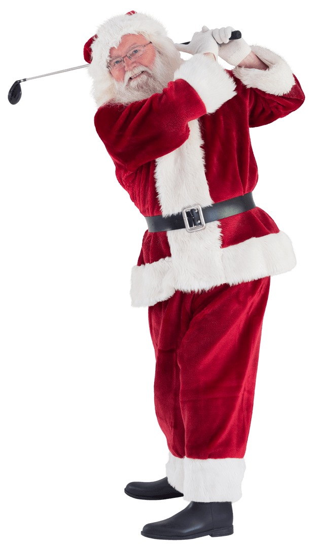 Santa Claus Golfer Posing with Golf Club on Transparent Background