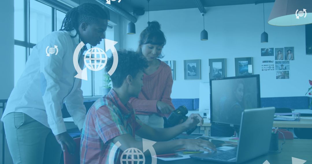 Diverse Team Collaborating on Photography Project in Office Setting