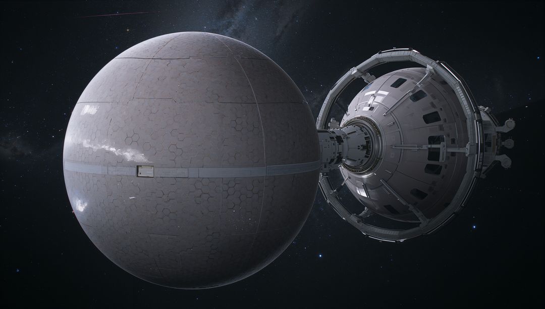Orbital Megastructure Sphere Orbiting Deep Space with Equatorial Hatch and Docking Module