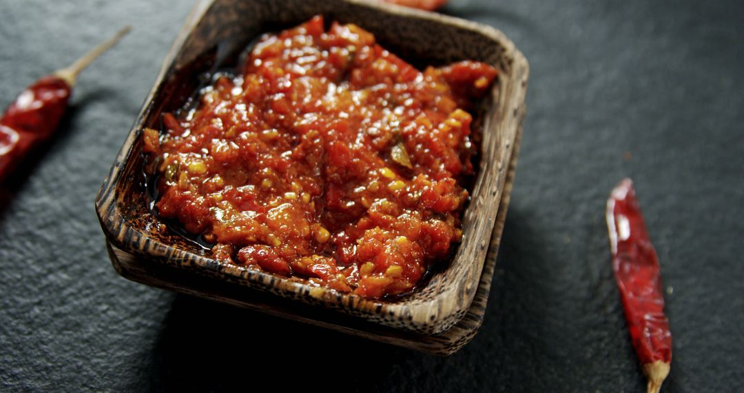 Close-up of Traditional Spicy Red Pepper Sauce in Rustic Wooden Bowl - Free Images, Stock Photos and Pictures on Pikwizard.com