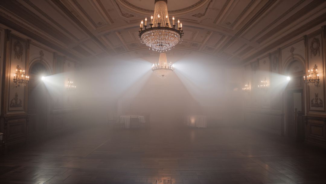 Crystal Chandelier Casting Dramatic Light Beams Across Hazy Ornate Ballroom Interior