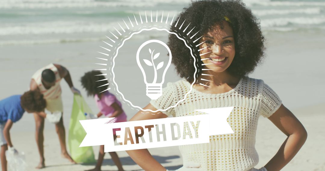 Image of earth day text over happy african american family picking waste on sunny beach - Free Images, Stock Photos and Pictures on Pikwizard.com