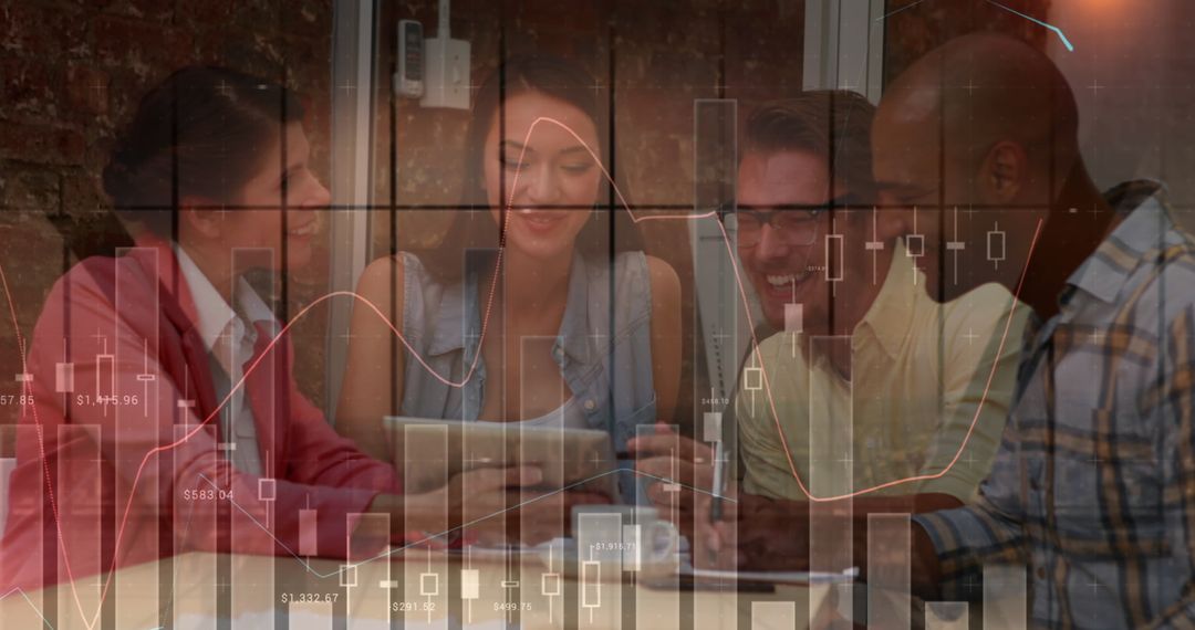 Business Team Collaborating with Digital Data Insights Overlay