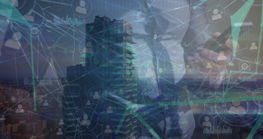 Digital Networking Overlay on Cityscape with Businessman