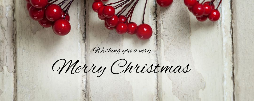 Rustic Christmas Greeting with Red Berries on Wood